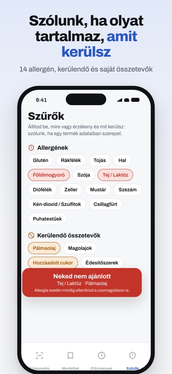 Szűrők: allergének és kerülendő összetevők, Neked nem ajánlott figyelmeztetés